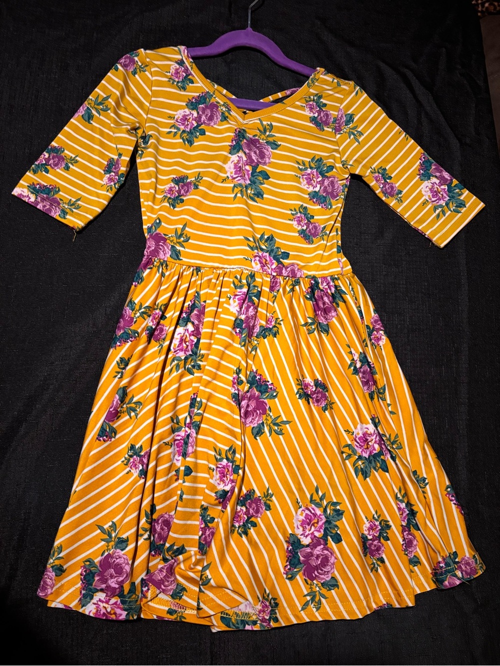 Dot Dot Smile Mustard Yellow Striped Dress with Purple Floral Print